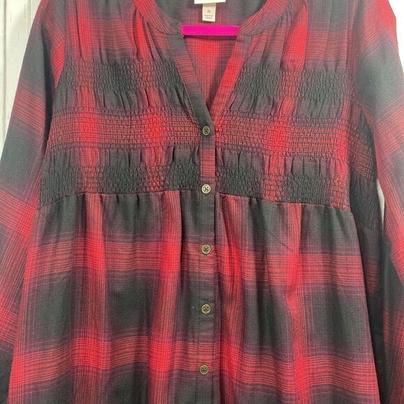 Knox Rose Womens Plaid Long Sleeve Smocked Shift Button Front Red Midi Dress - Picture 9 of 15